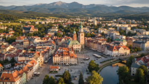 Grafika to malownicza, szerokokątna panorama miasta ujęta z lotu ptaka, utrzymana w ciepłych barwach popołudniowego słońca