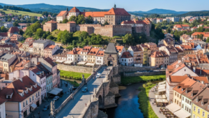 Grafika przedstawia realistyczny widok na historyczne centrum miasta, uchwycony z lotu ptaka w pełnym, ciepłym świetle słonecznym