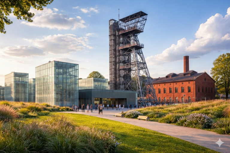 Obraz przedstawia nowoczesny kompleks muzealny lub kulturalny, będący przykładem rewitalizacji terenów poprzemysłowych