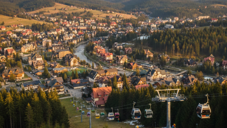 Obraz jest utrzymany w szerokim kadrze, oddającym przestrzeń górskiego kurortu